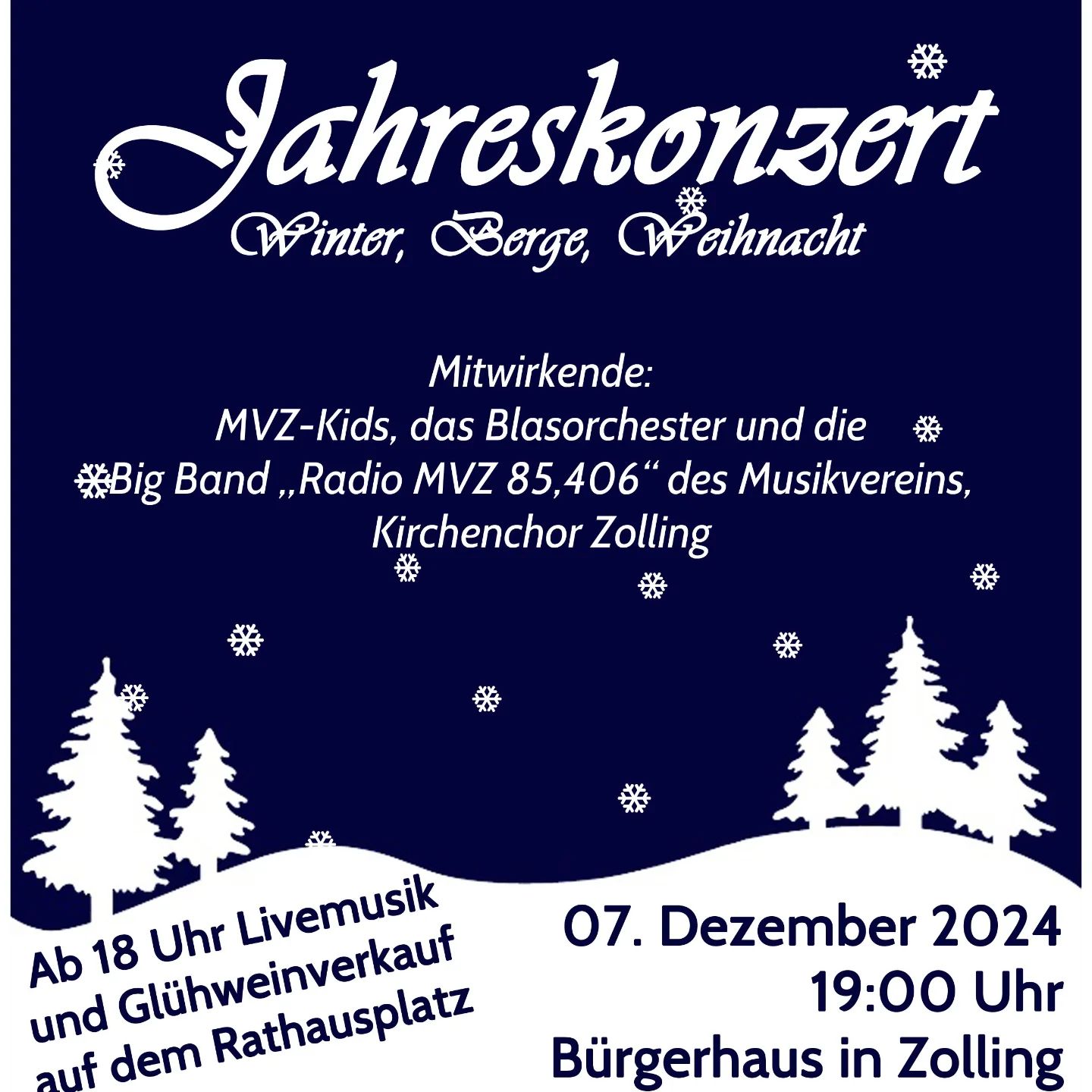 Start Kartenvorverkauf!!! Ab heute startet der Kartenvorverkauf für unser Jahreskonzert am 07.12.2024.

Karten können auf der Homepage des Musikvereins(www.musikverein-zolling.de) und bei Schreibwaren ...