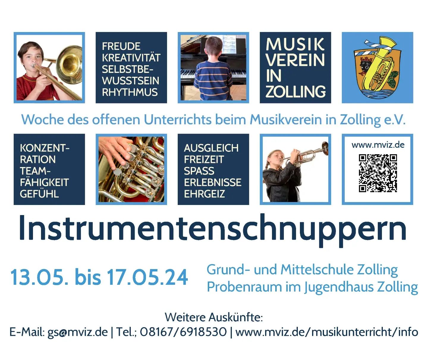 Woche des offenen Unterrichts vom 13.05. bis 17.05.2024

Für alle Interessierten die ein Musikinstrument erlernen möchten, gibt es dieses Jahr wieder Möglichkeit die Instrumente kennen zu lernen, die ...