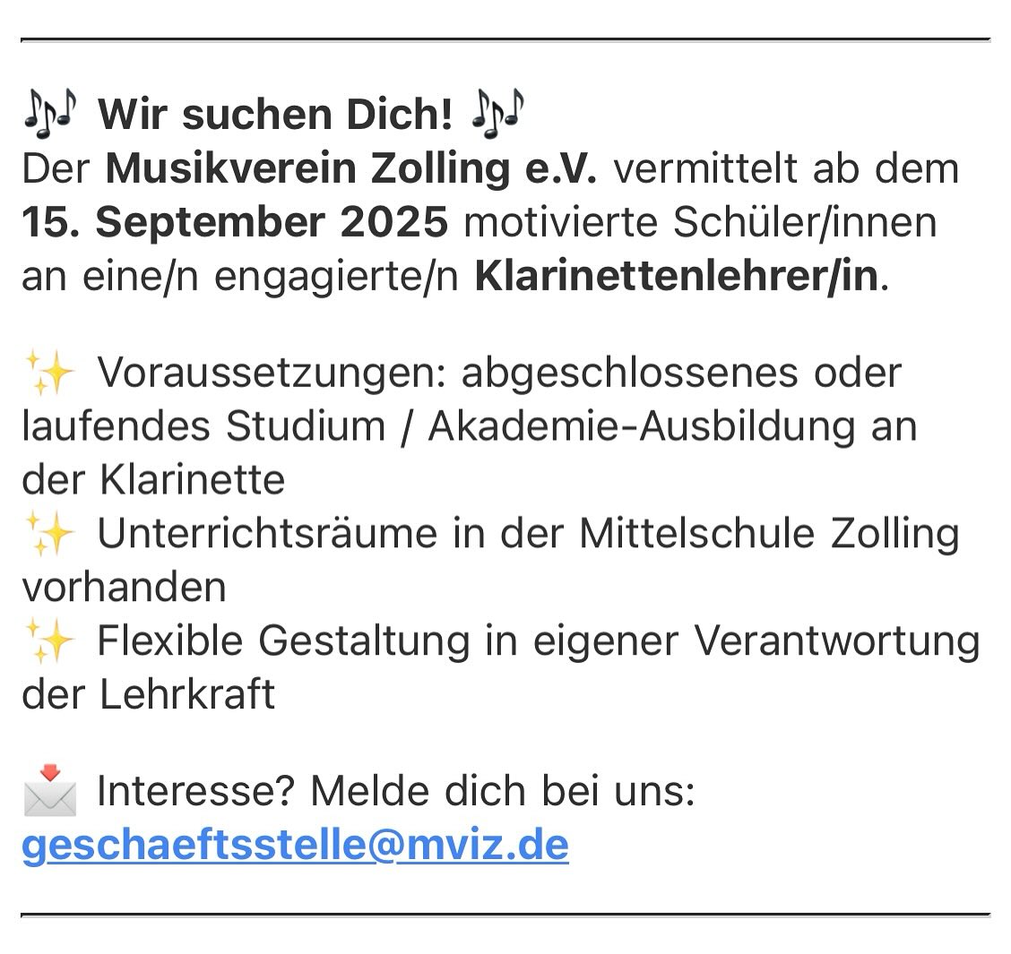 🎵 Klarinettenlehrer/in gesucht! 🎵
Ab 15. September 2025 vermittelt der Musikverein Zolling e.V. motivierte Schüler/innen an eine/n engagierte/n Lehrkraft.

#klarinette#klarinettenlehrer#unterricht#musikunterricht#musizieren#musikvereinzolling#zolling