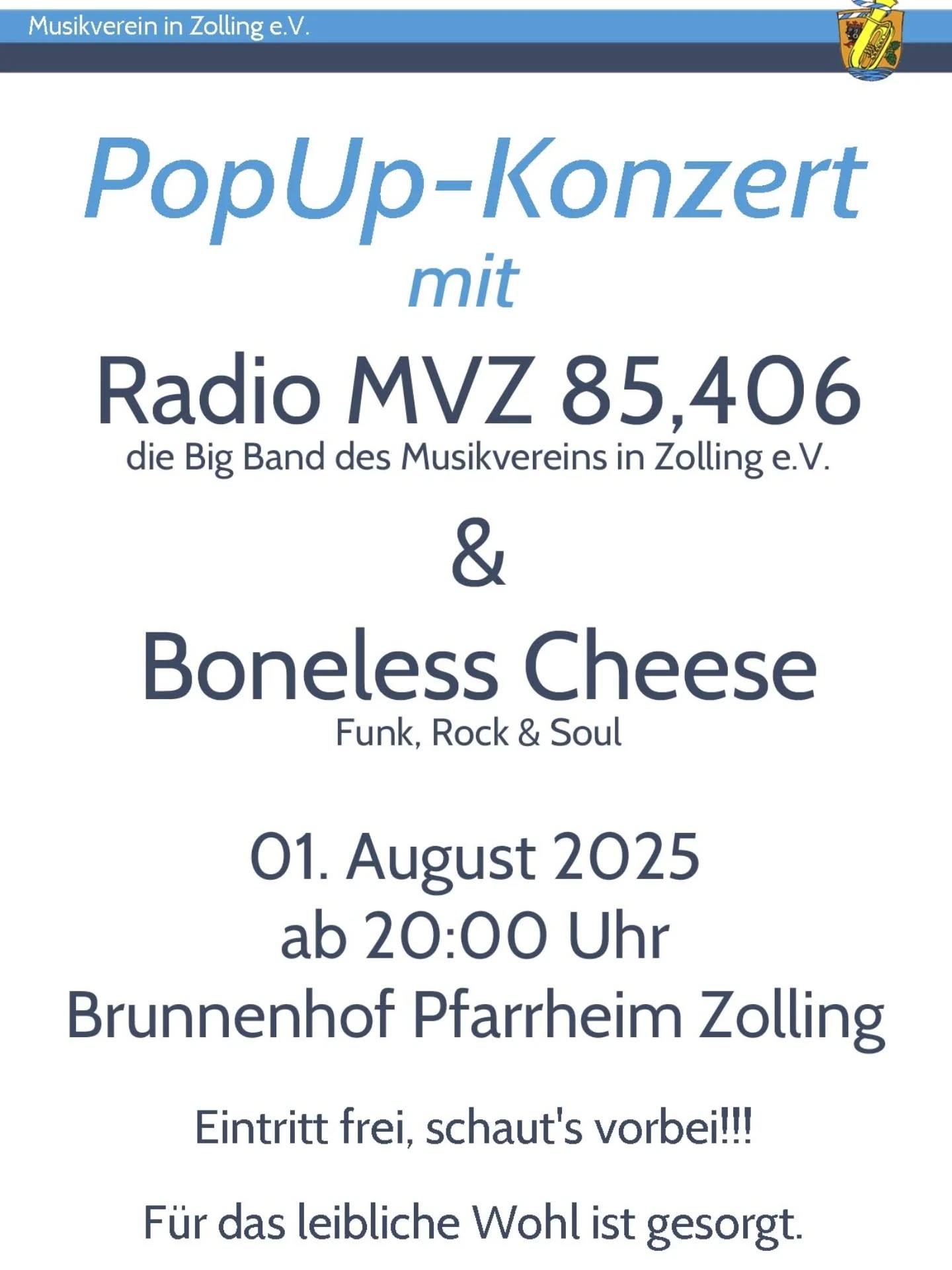 PopUp-Konzert
am Freitag, den 01. August 2025
ab 20 Uhr
im Brunnenhof des Pfarrheim Zolling 

RADIO MVZ 85,406

Ob Standard, Latein, Salsa oder Discofox: RADIO MVZ 85,406 präsentiert Klassiker in neuen ...